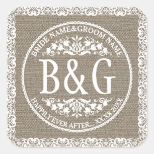 Personalisiert Bride&Groom Burlap&Lace Quadratischer Aufkleber