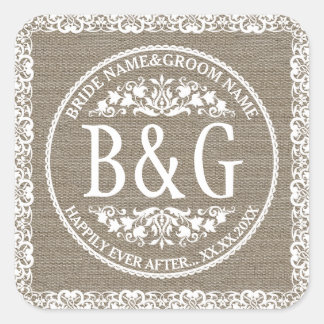 Personalisiert Bride&Groom Burlap&Lace Quadratischer Aufkleber