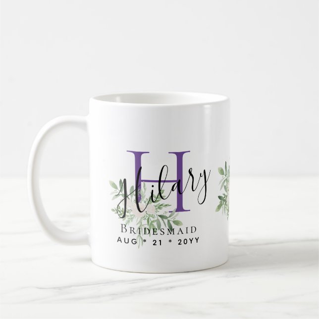 Personalisiert Bridesmaid Lila Erstname Floral Kaffeetasse (Links)