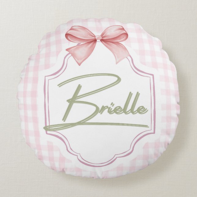 Personalisiert Brielle Baby Girl Kinderzimmer Bow& Rundes Kissen (Vorderseite)