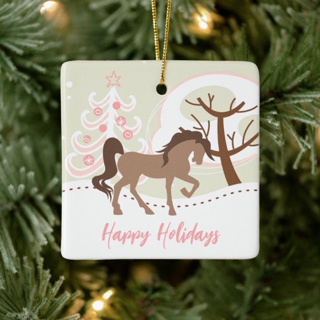 Personalisiert Brown Horse Pink Snowy Weihnachten Keramikornament (Baum)