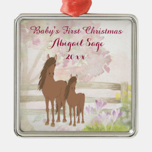 Personalisiert Brown Horses Baby's 1. Weihnachten Silbernes Ornament