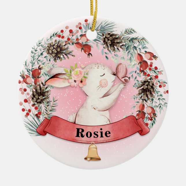 Personalisiert Bunny Christmas Blumenstrauß Keramik Ornament (Vorne)
