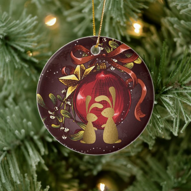 Personalisiert Bunny Couple n' Mistletoe Weihnacht Keramik Ornament (Baum)