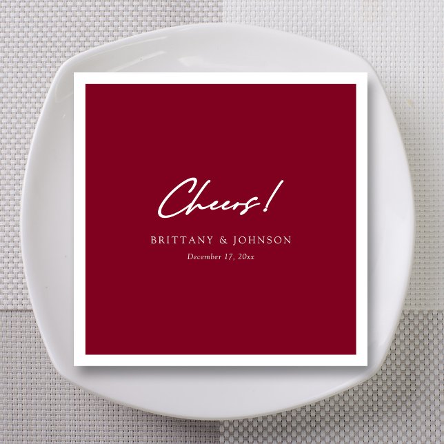Personalisiert Burgundy Wedding Napkins Serviette (Personalized Unique White Cheers Script Burgundy Wedding Napkins)