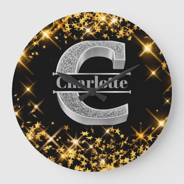Personalisiert C Erste Silver Monogramm Ihr Name Große Wanduhr (Vorderseite)