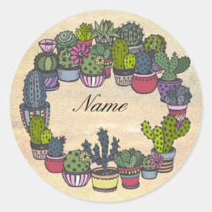 Personalisiert Cactus Wreath Runder Aufkleber