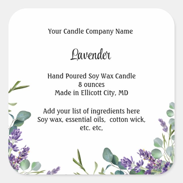 Personalisiert Candle Labels Lavender Eucalyptus Quadratischer Aufkleber (Vorderseite)
