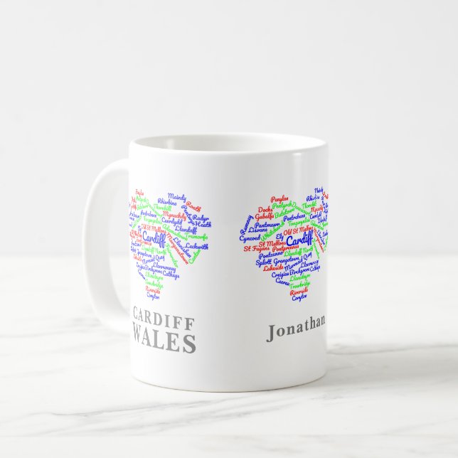 Personalisiert Cardiff Wales Word Cloud Typografie Kaffeetasse (Vorderseite Links)