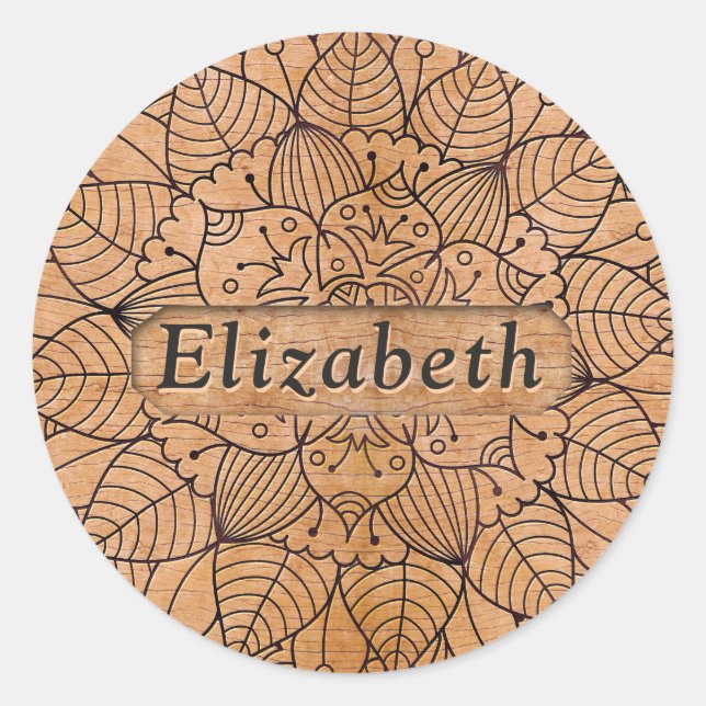 Personalisiert Carved Wood Floral Mandala Runder Aufkleber (Vorderseite)