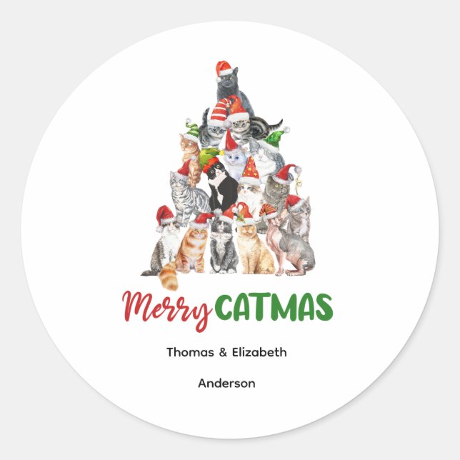 Personalisiert Cat Christmas Tree Cat Lover Runder Aufkleber (Vorderseite)