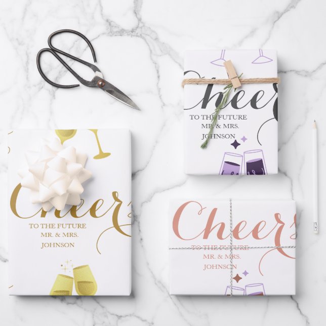 Personalisiert Cheers Script Wedding Geschenkpapier Set (Vorderseite)