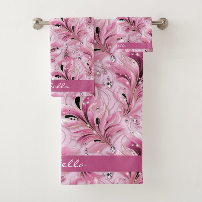 Personalisiert Chic Pink Glam Luxus-Muster Badhandtuch Set (Insitu)