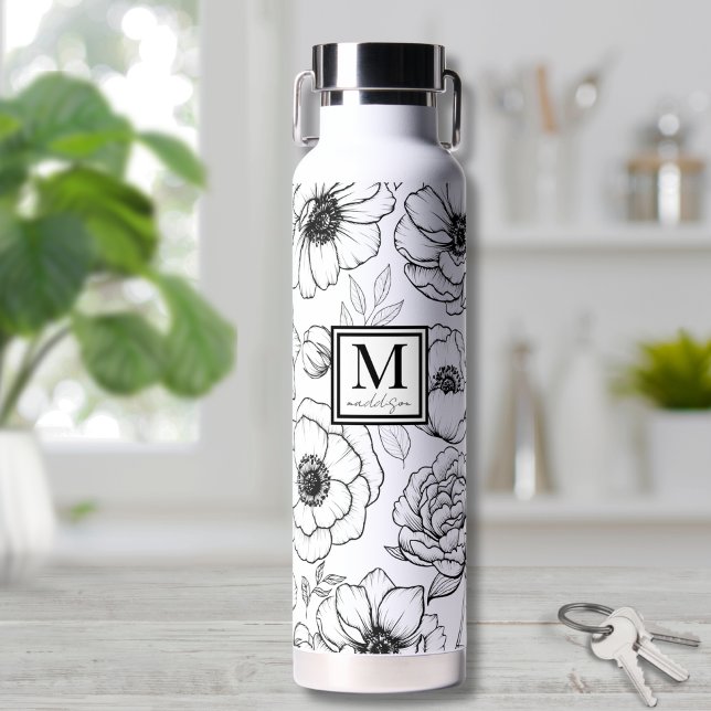 Personalisiert Chic Schwarz-weiß Monogram Trinkflasche (Personalized Chic Black White Monogram Water Bottle)