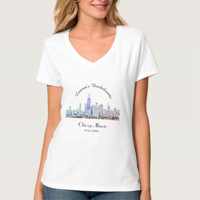 Personalisiert Chicago Skyline Bachelorette T-Shirt (Vorderseite)