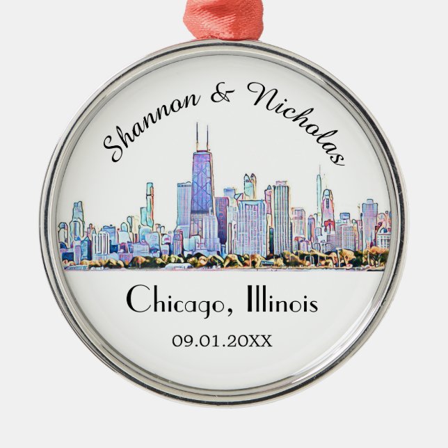 Personalisiert Chicago Skyline Wedding Ornament Aus Metall (Vorne)