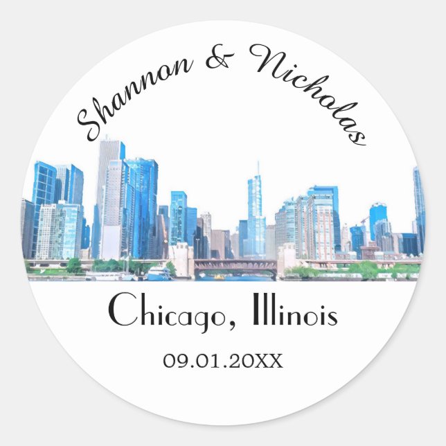 Personalisiert Chicago Skyline Wedding Runder Aufkleber (Vorderseite)