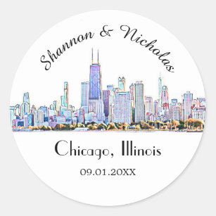 Personalisiert Chicago Skyline Wedding Runder Aufkleber