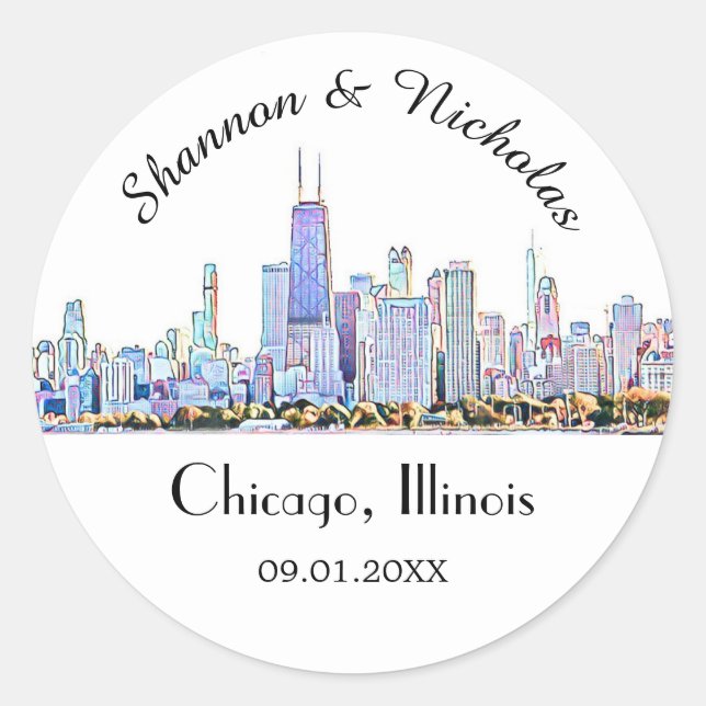 Personalisiert Chicago Skyline Wedding Runder Aufkleber (Vorderseite)