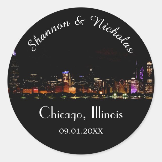Personalisiert Chicago Skyline Wedding Runder Aufkleber (Vorderseite)