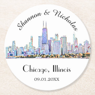 Personalisiert Chicago Skyline Wedding Runder Pappuntersetzer