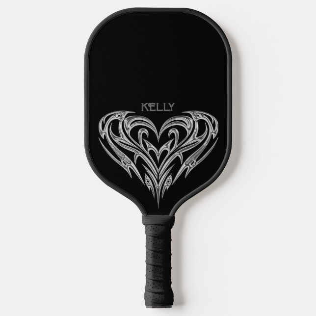 Personalisiert Chrome Tribal Heart on Black Pickleball Schläger (Vorderseite)