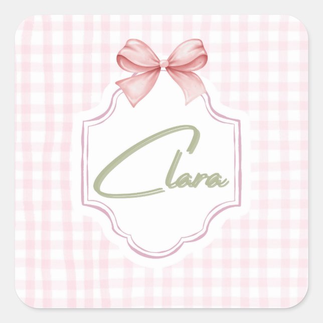 Personalisiert Clara Baby Girl Kinderzimmer Bow&Gi Quadratischer Aufkleber (Vorderseite)