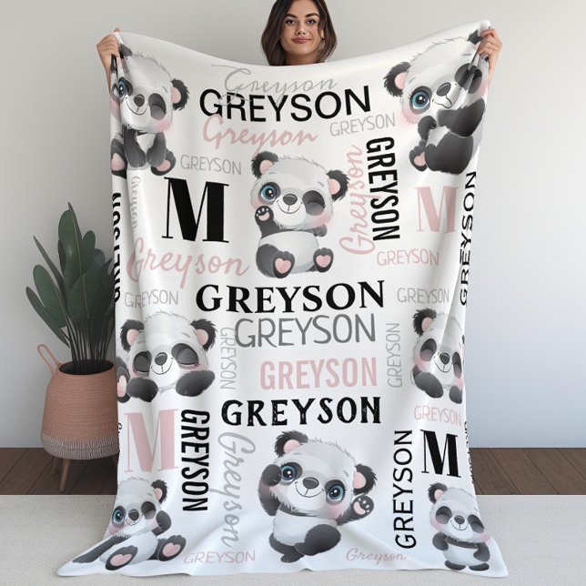 Personalisiert Collage Name Panda Fleece Blanket (Personalized Collage Name Panda Fleece Blanket)