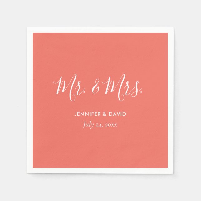 Personalisiert Coral Mr. und Mrs. Wedding Napkins Serviette (Vorderseite)
