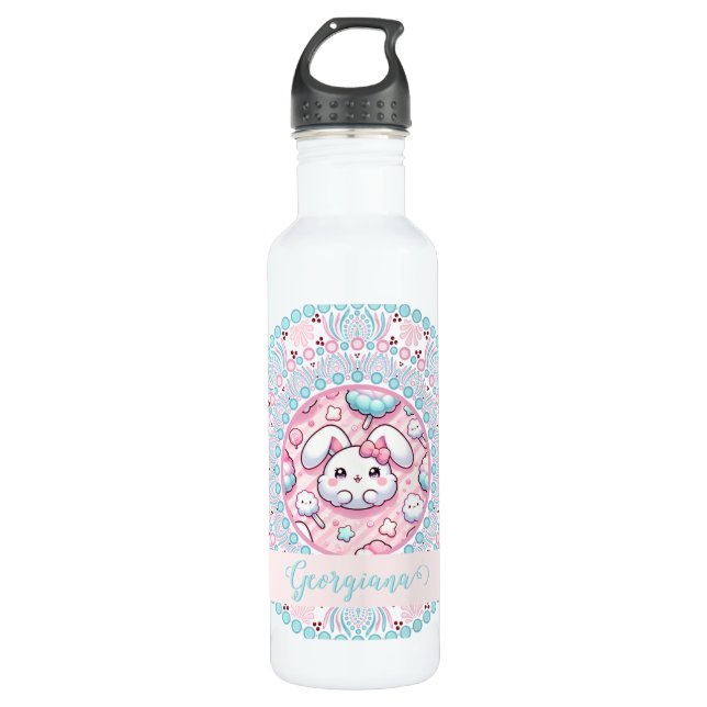 Personalisiert Cotton Candy Kawaii Bunny Dot Manda Edelstahlflasche (Vorderseite)