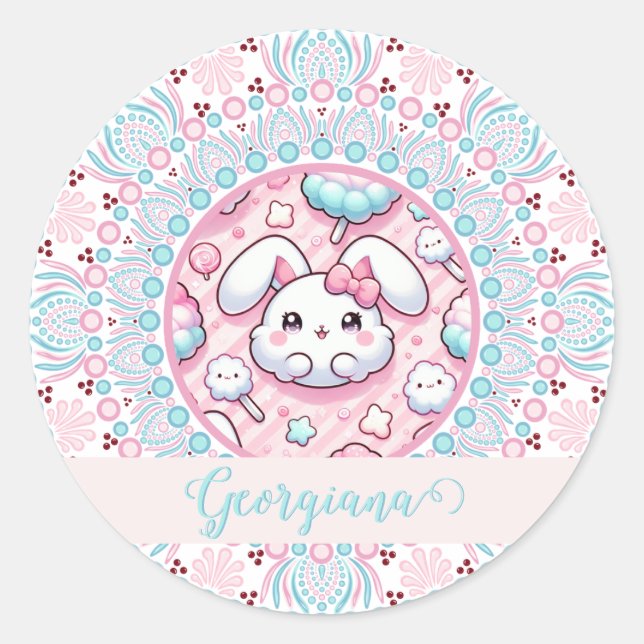 Personalisiert Cotton Candy Kawaii Bunny Dot Manda Runder Aufkleber (Vorderseite)