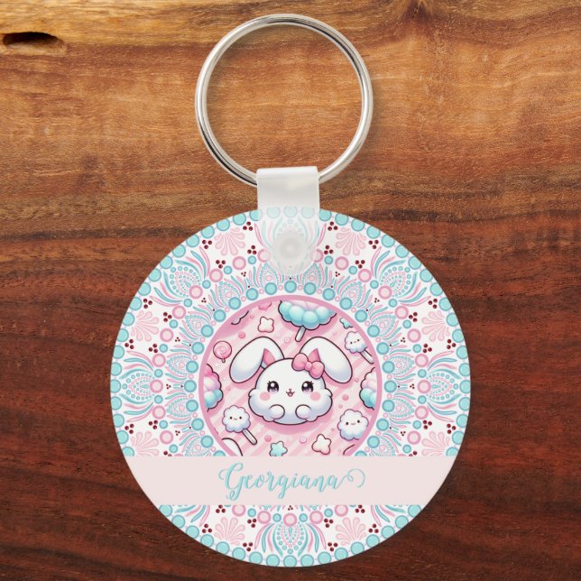 Personalisiert Cotton Candy Kawaii Bunny Dot Manda Schlüsselanhänger (Vorderseite)