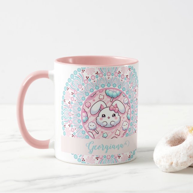 Personalisiert Cotton Candy Kawaii Bunny Dot Manda Tasse (Mit Donut)