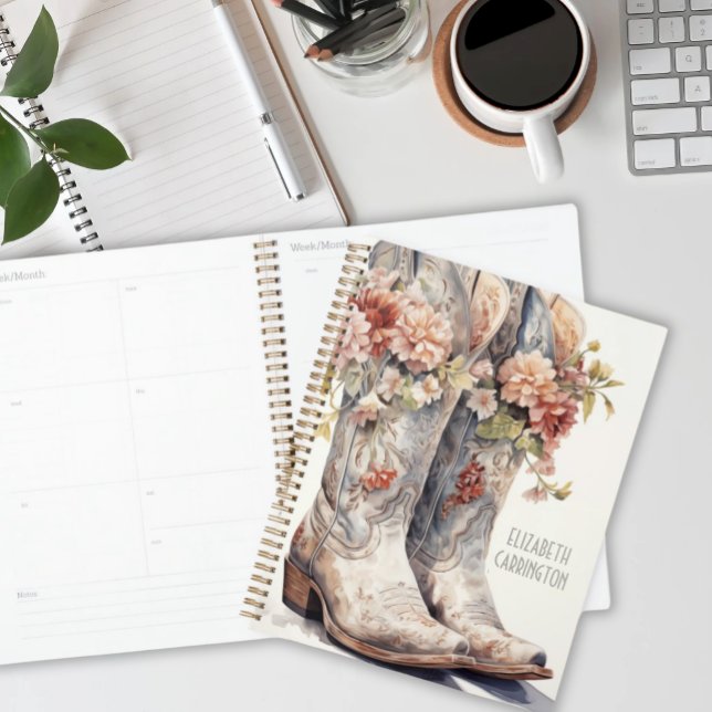 Personalisiert Cowgirl Boots Planner - Großes Gesc Planer (Watercolor Blue Grey Cowgirl Boots and Wildflowers Personalized Planner)