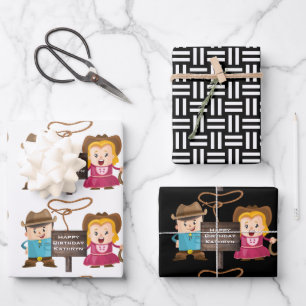 Personalisiert Cowgirl & Cowboy Geschenkpapier Set