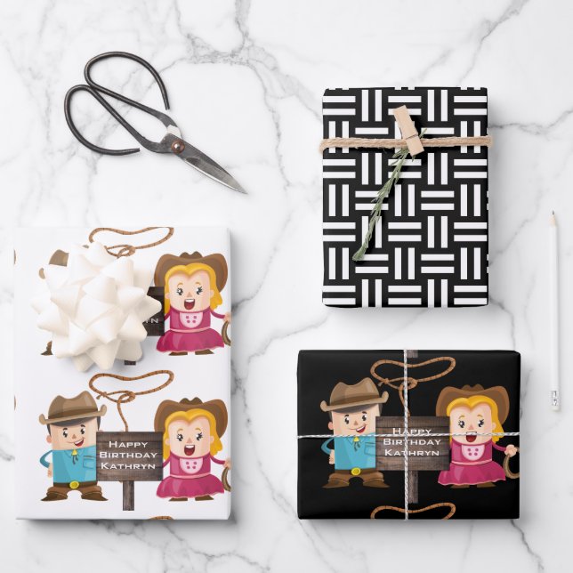 Personalisiert Cowgirl & Cowboy Geschenkpapier Set (Vorderseite)