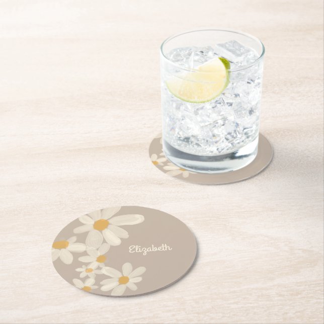 Personalisiert Daisy Floral Brown Runder Pappuntersetzer (Vor Ort)