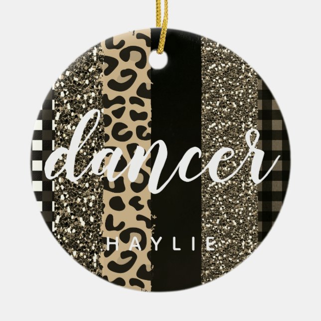 Personalisiert Dancer Imitate Cheetah und Glitzer Keramik Ornament (Vorne)
