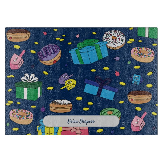 Personalisiert Dark Blue Hanukkah Pattern Schneidebrett (Vorderseite)