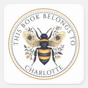 Personalisiert Dieses Buch gehört zu Floral Bee Quadratischer Aufkleber