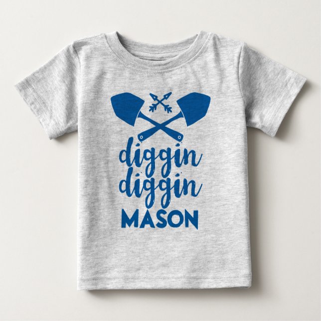 Personalisiert Diggin Diggin Blau und Grau Baby T-shirt (Vorderseite)