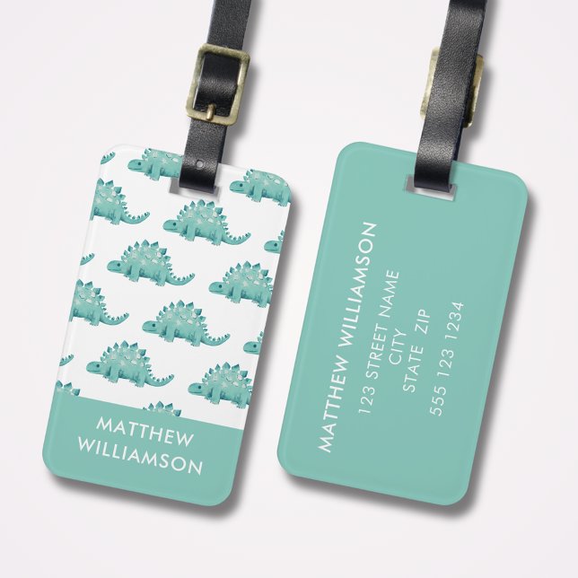 Personalisiert Dinosaurier Muster Gepäckanhänger (Cute kids stegosaurus dinosaur personalized luggage tag with address details to reverse side.)