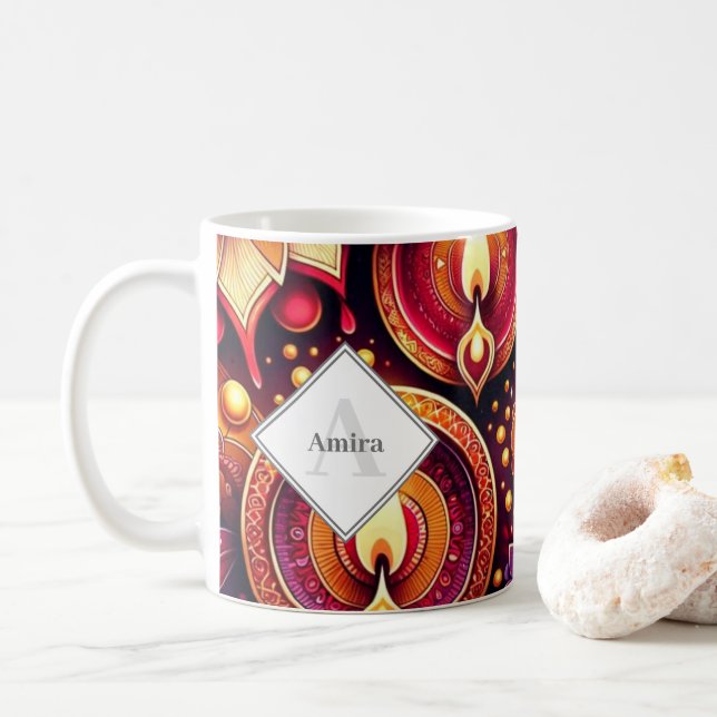 Personalisiert Diwali Lila und Red Diyas & Rangoli Kaffeetasse (Mit Donut)