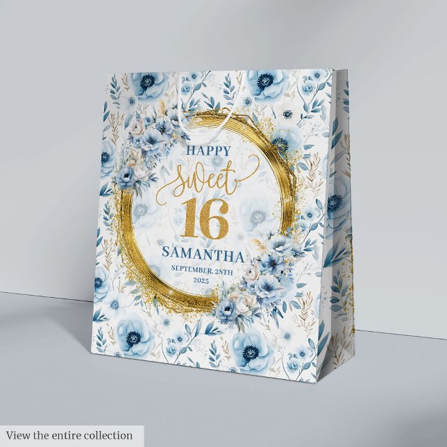 Personalisiert Dusty Blue 16 . Geburtstag Glitzer  Mittlere Geschenktüte (Personalized Dusty Blue Sweet Sixteen Glitter Bags)