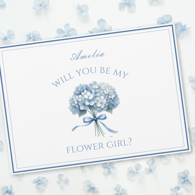 Personalisiert Dusty Blue Hydrangea Bow Flower Gir Karte (Ask your flower girl with this customizable card, adorned with a delicate blue hydrangea and ribbon.)