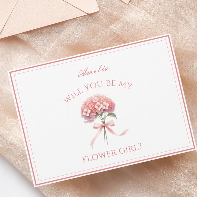 Personalisiert Dusty Rose Hydrangea Bow Flower Gir Karte (Personalized flower girl card with a pink hydrangea design, perfect for a romantic garden wedding.)