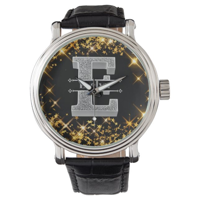 Personalisiert E Initial Silver Monogram Ihr Name Armbanduhr (Vorderseite)