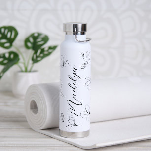 Personalisiert Elegant Einfach Schwarz-weiß Floral Trinkflasche