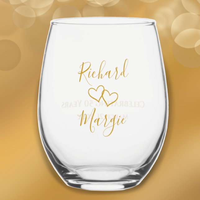 Personalisiert Elegant Modernes Party zum 50. Jubi Weinglas Ohne Stiel (Add couple’s names for elegant unique golden heart glass. Great keepsake anniversary gift. 
)