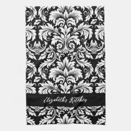 Personalisiert Elegant Schwarz-weiß Damask Geschirrtuch